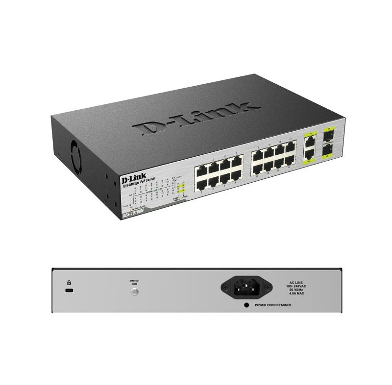 switch d-link des-1018mp, 16-10/100mbps, 2-10/100/1000base-t/sfp, poe