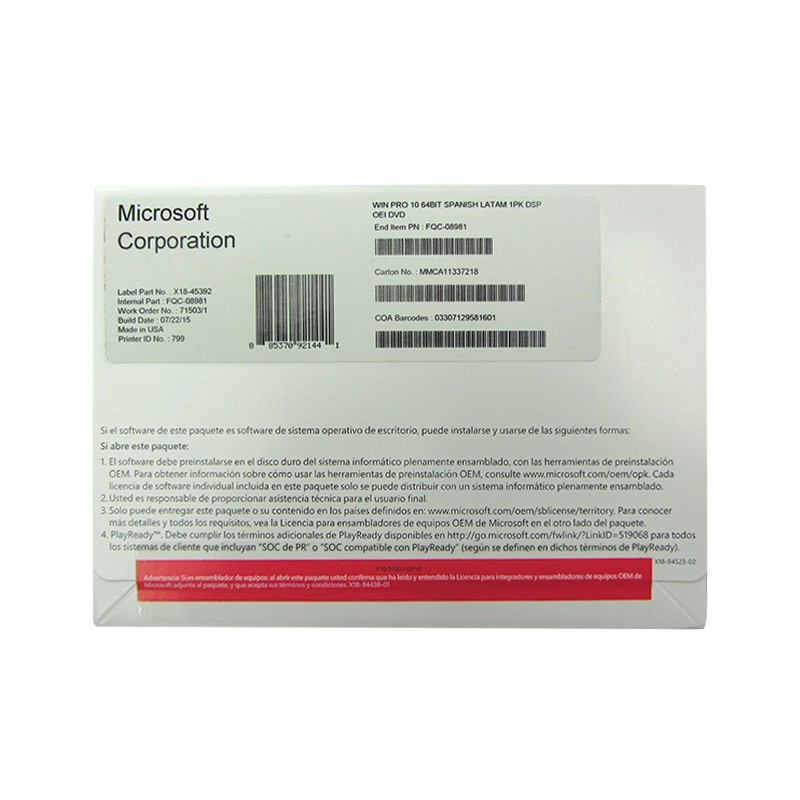 sistema operativo microsoft windows pro 10, 64 bits, español, 1pk, dsp oei dvd.